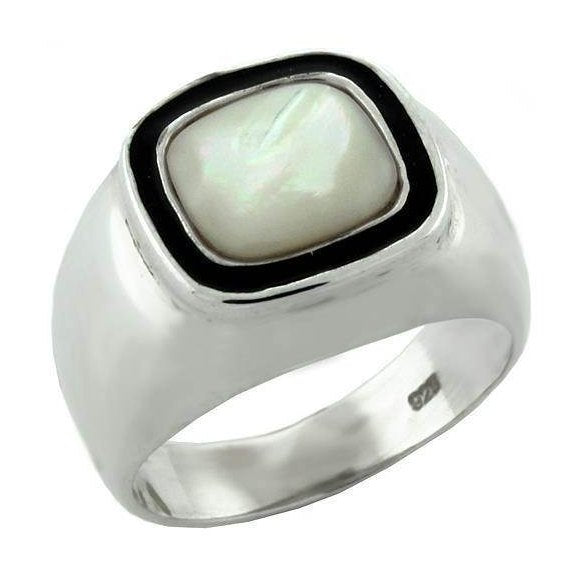 High polished sterling silver ring featuring a stylish square white stone centerpiece