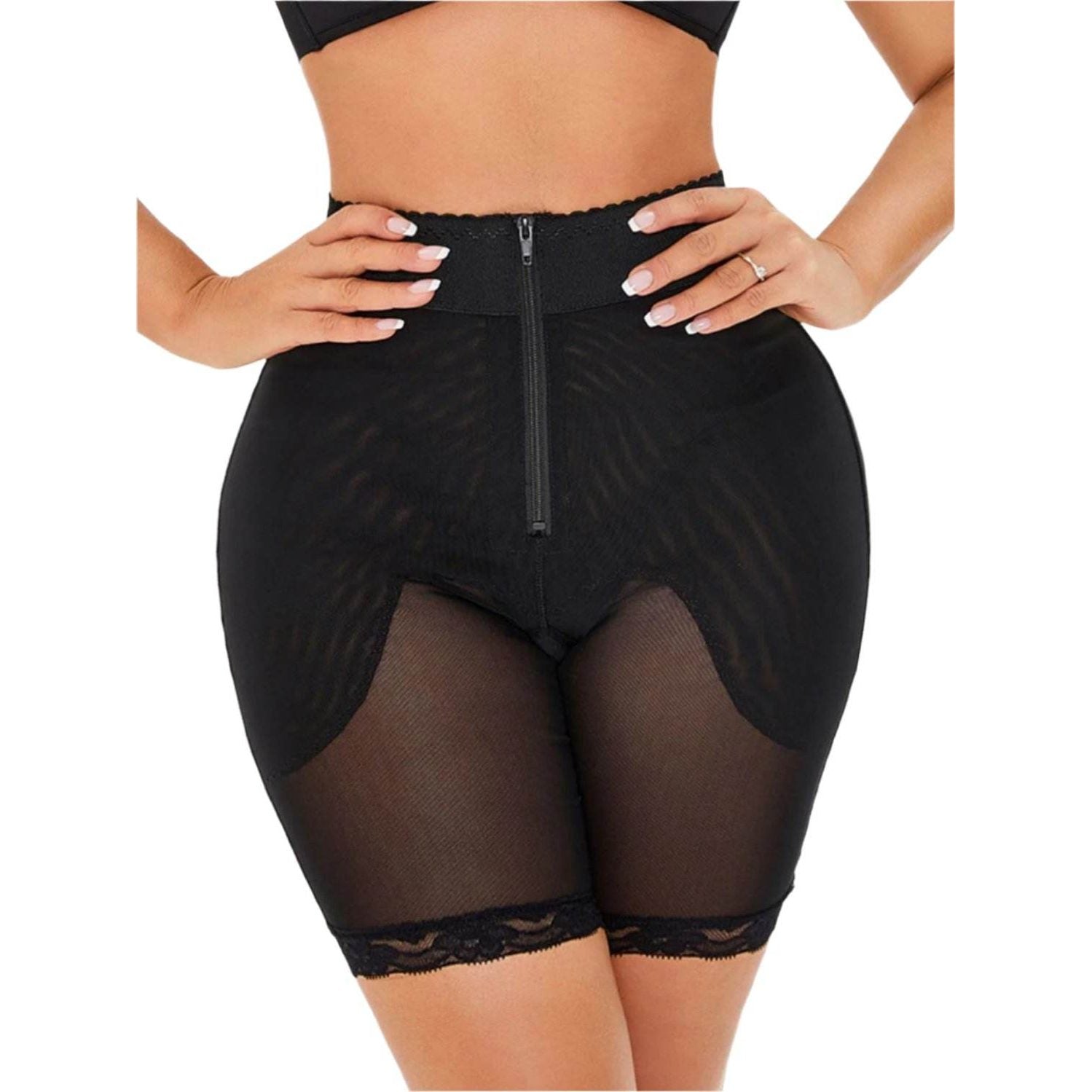 Trendsi high-waisted shaping shorts in black with lace trim and zip front for a smooth silhouette