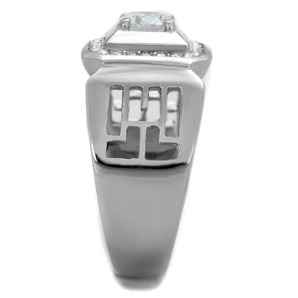 Hollow out mens jewelry ring with a crystal centerpiece and sleek silver design