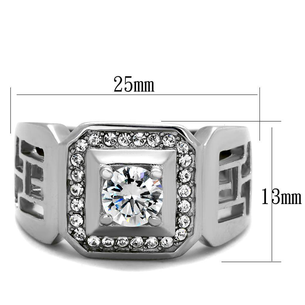 Silver hollow out mens jewelry ring featuring a central gemstone surrounded by decorative stones