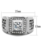 Silver hollow out mens jewelry ring featuring a central gemstone surrounded by decorative stones