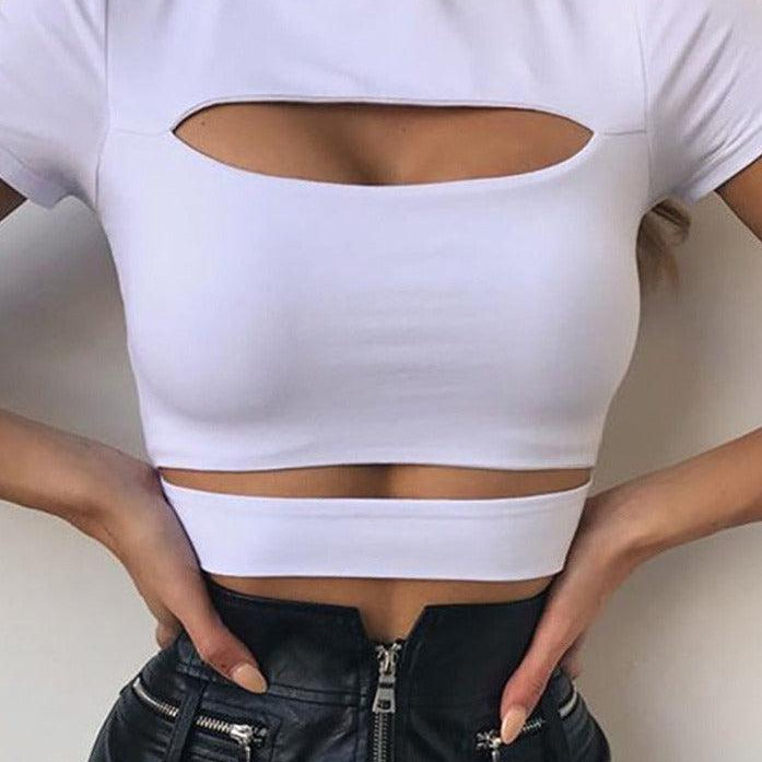 Women's Shirts - Cropped Tops Hollow Out Women T Shirts Casual Solid Short Sleeve Crop Top