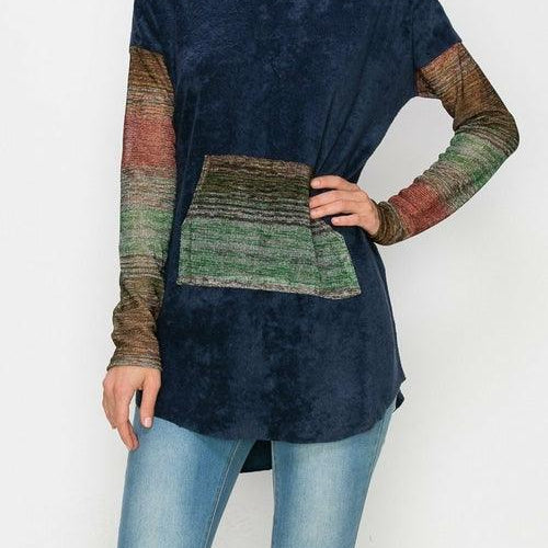 Women's Shirts Hooded Color Block Long Sleeve Top - Navy