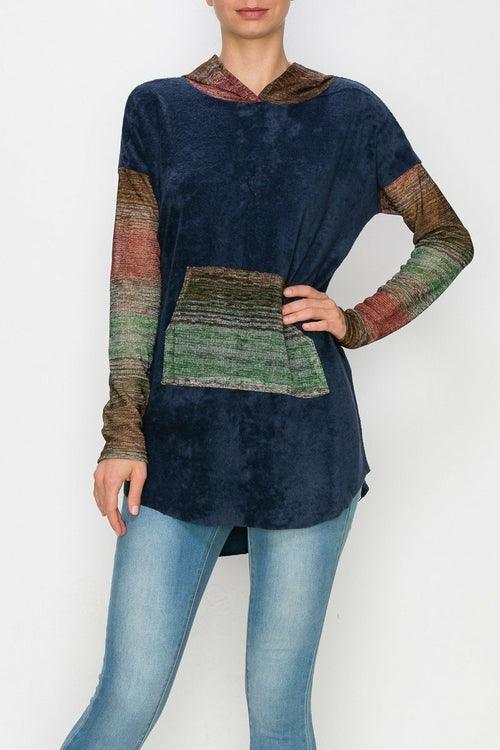 Women's Shirts Hooded Color Block Long Sleeve Top - Navy