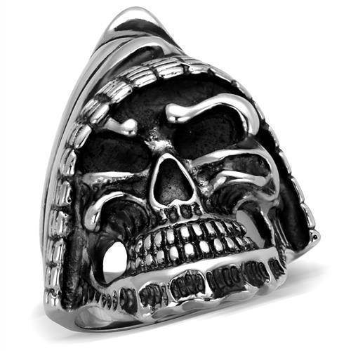 Hooded skull ring for men crafted in stainless steel with intricate detailing and a bold design
