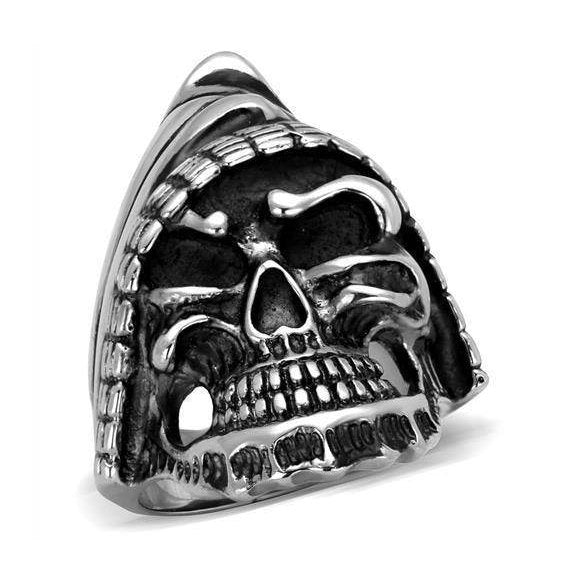 Hooded skull ring for men crafted in stainless steel with intricate detailing and a bold design