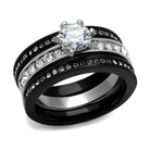 Ion plated black engagement ring featuring a sparkling center stone and glittering band design