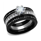 Ion plated black engagement ring featuring a sparkling center stone and glittering band design