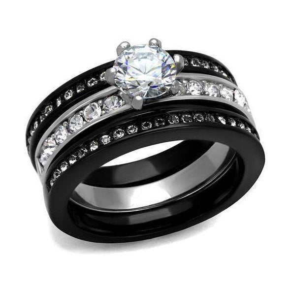 Ion plated black engagement ring featuring a sparkling center stone and glittering band design