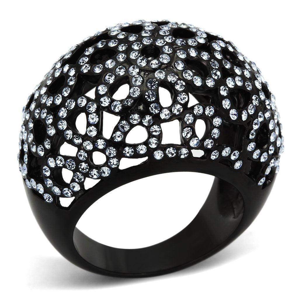 Elegant ion plated black ring for women with sparkling rhinestones in a unique design