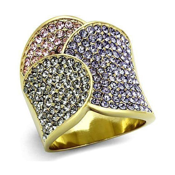 Gold Ion Plated Fashion Ring for Women with Colorful Sparkling Stones in Unique Design