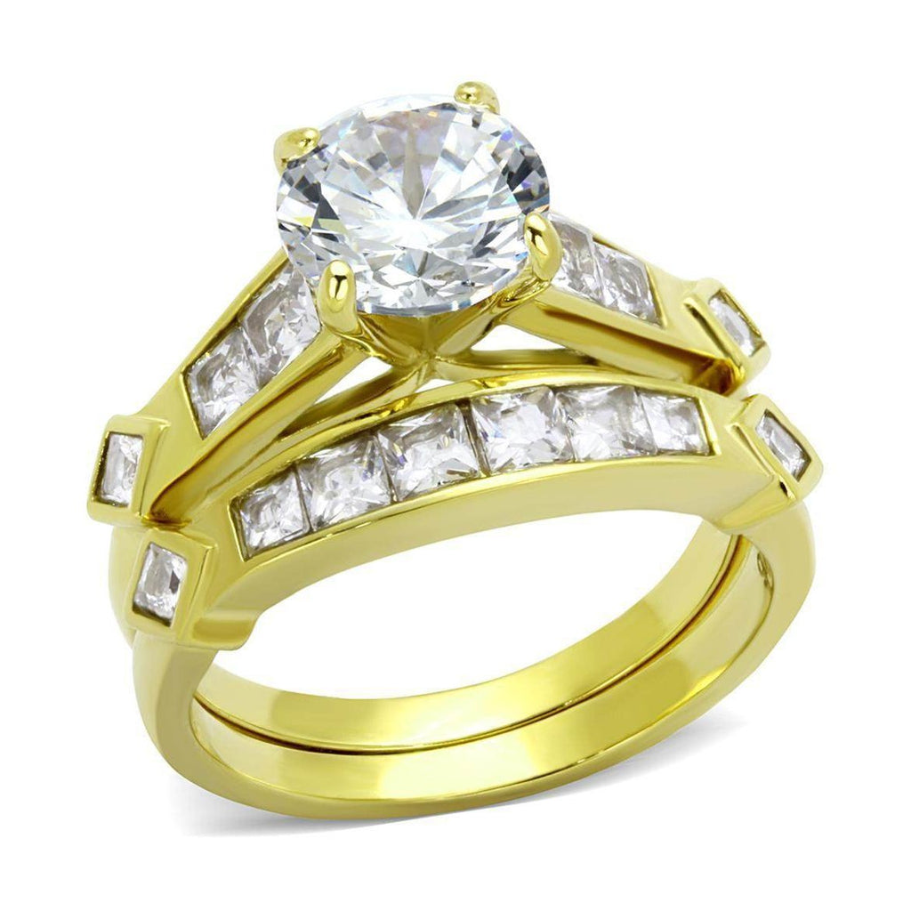 Elegant ion plated gold ring for women featuring a large center stone and radiant accents