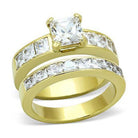 Beautiful ion plated gold wedding ring for women featuring a sparkling center stone and accent diamonds