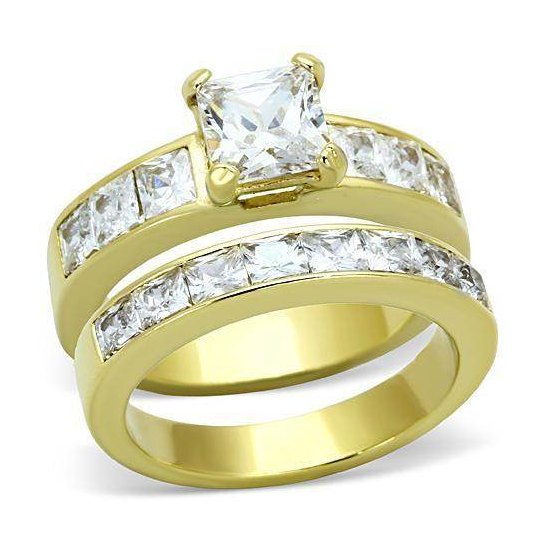 Beautiful ion plated gold wedding ring for women featuring a sparkling center stone and accent diamonds