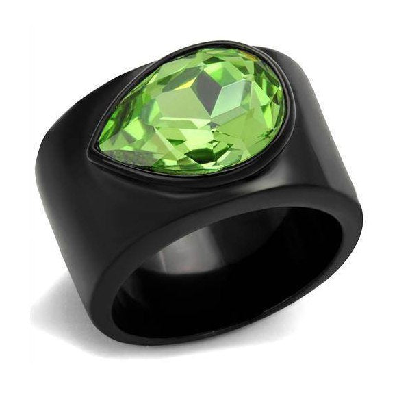 VacationGrabs ion plated statement ring featuring a large green gem in a sleek black band