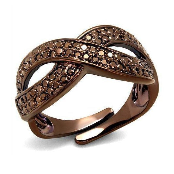 IP light brass infinity ring featuring a stylish intertwined design with sparkling accents
