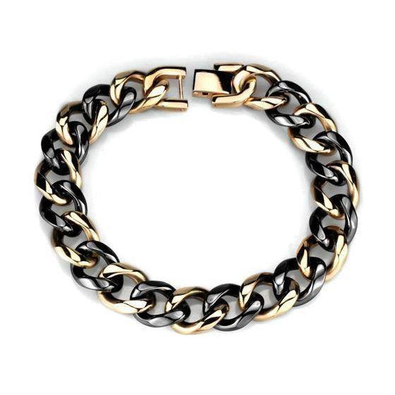 Stylish IP rose gold fashion bracelet with chunky black and gold chains for trendy looks