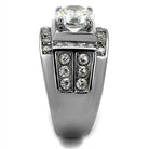 Men's jewelled stainless steel ring with a large center stone and sparkling accents on the band