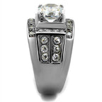 Men's jewelled stainless steel ring with a large center stone and sparkling accents on the band