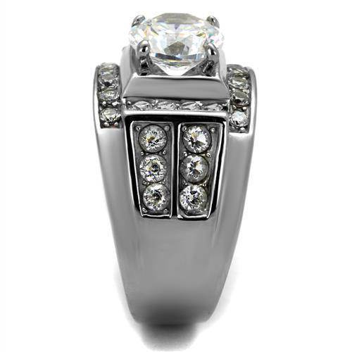 Men's jewelled stainless steel ring with a large center stone and sparkling accents on the band