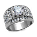 Men's jewelled stainless steel ring featuring a large center stone and sparkling accents.