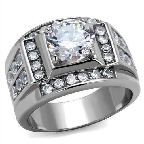 Men's jewelled stainless steel ring featuring a large center stone and sparkling accents.