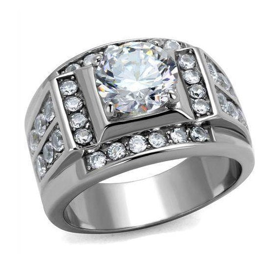 Men's jewelled stainless steel ring featuring a large center stone and sparkling accents.