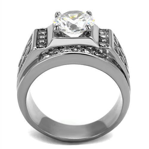 Stylish jewelled stainless steel ring for men featuring a large center stone and intricate detailing