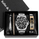 Men's watch and bracelet gift set featuring a silver watch and stylish bracelets in a gift box