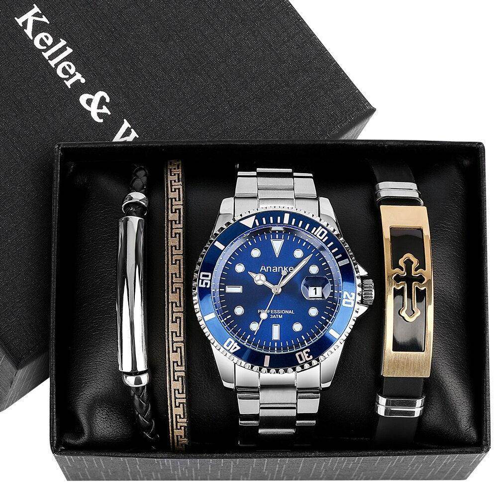 Men's watch and bracelet gift set featuring a blue dial watch and stylish bracelets in a black box