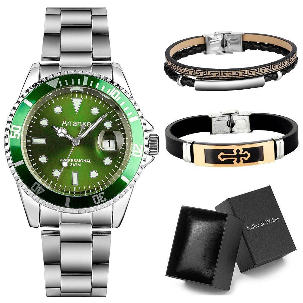 Ananke Men's Watch with Green Dial and Silver Bracelet plus Bracelet Gift Set for any occasion