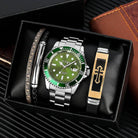 Men's watch and bracelet gift set featuring a green dial watch with two stylish bracelets in a gift box