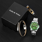 Men's watch and bracelet gift set featuring a green dial watch and stylish leather bracelet