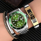 Stylish watch and bracelet gift set featuring a green watch and sleek bracelets for men