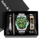 Stylish men's watch and bracelet gift set in black box featuring a green dial and elegant accessories