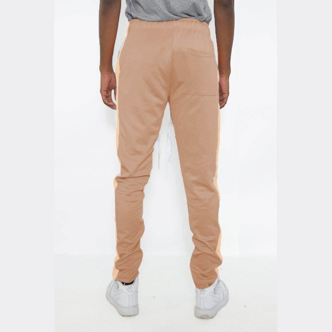Men's khaki side stripe pants from VacationGrabs with a comfortable fit and elastic waistband