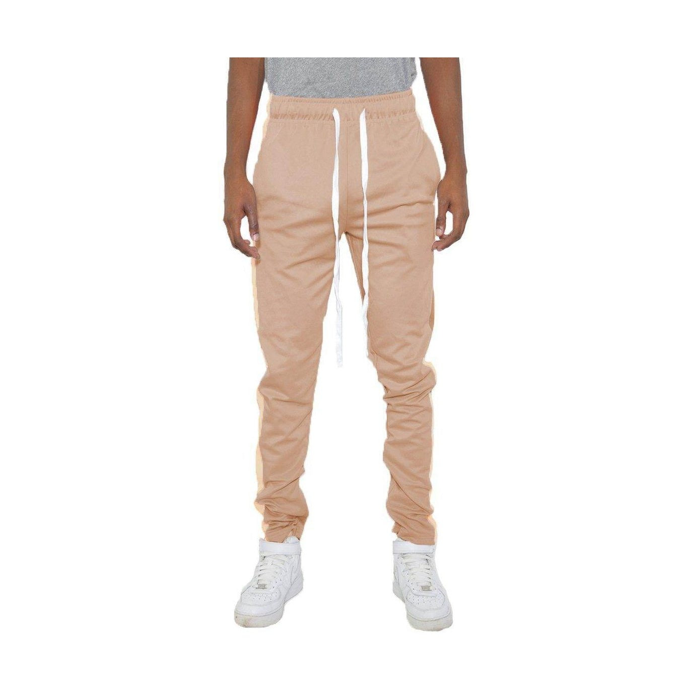 Men's khaki side stripe pants from VacationGrabs with a comfortable fit and drawstring waist