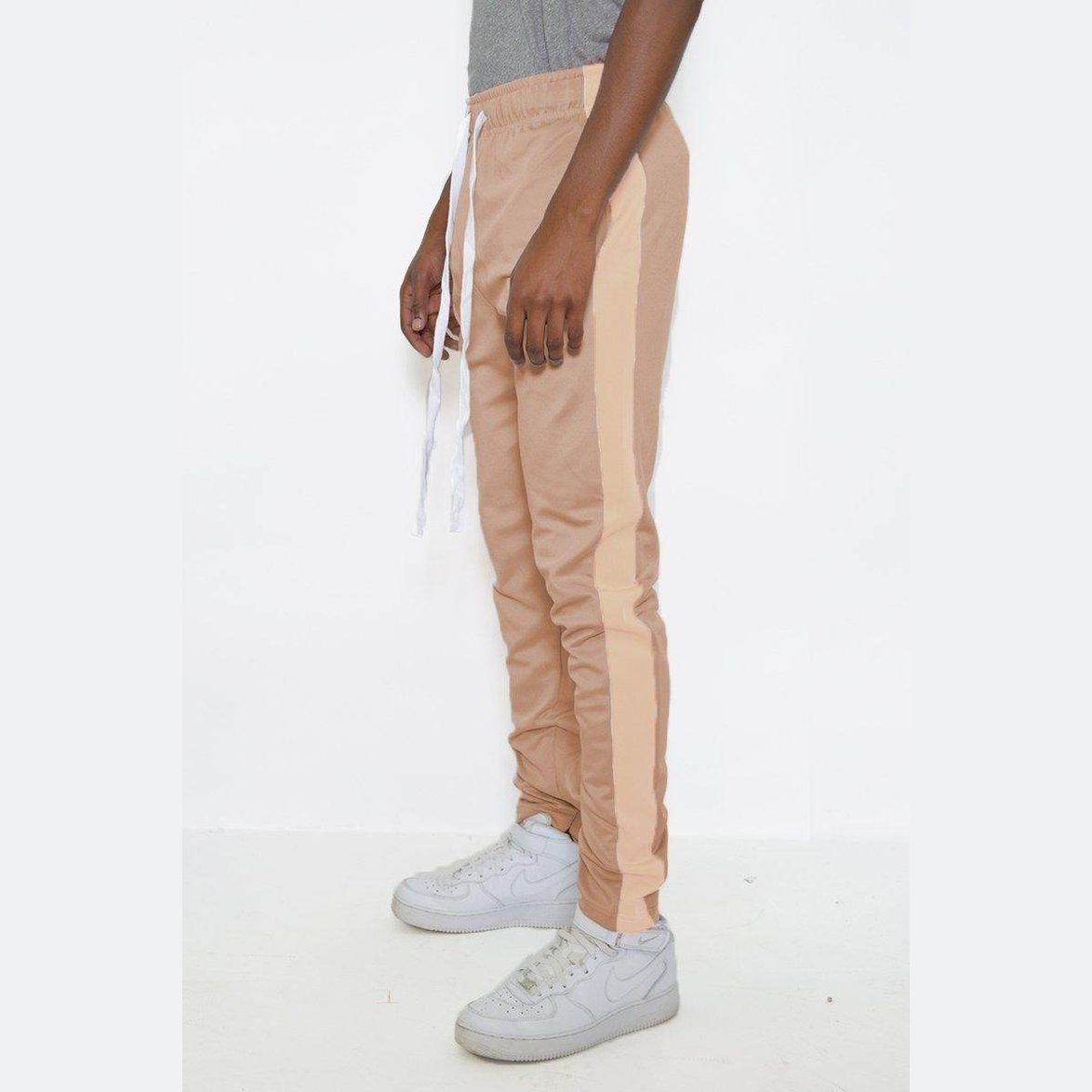 Men's khaki side stripe pants by VacationGrabs featuring a stylish design and comfortable fit