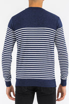 Navy blue and white striped knit pullover for men, perfect for casual and comfortable wear