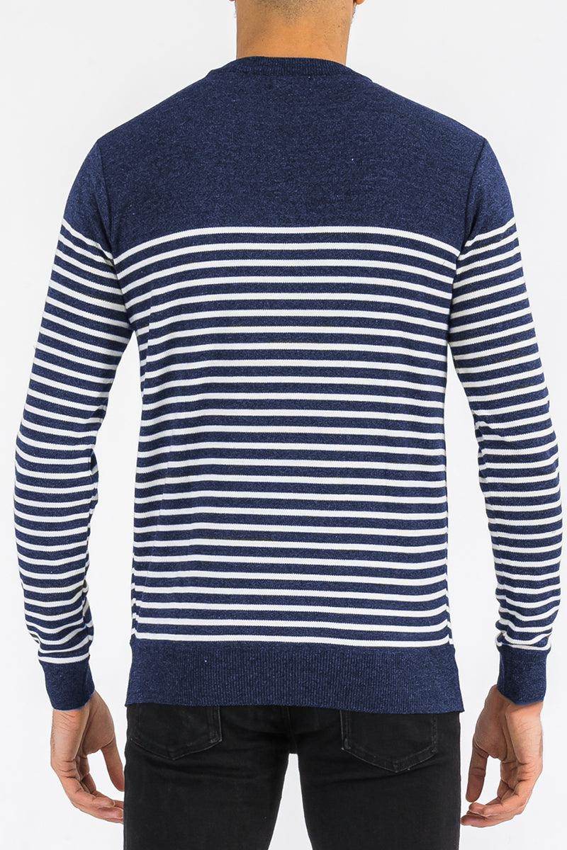 Navy blue and white striped knit pullover for men, perfect for casual and comfortable wear