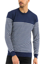 Navy and white striped knit pullover for men from VacationGrabs, perfect for casual outings.