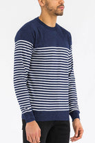 Navy and white striped knit pullover for men by VacationGrabs, perfect for casual wear
