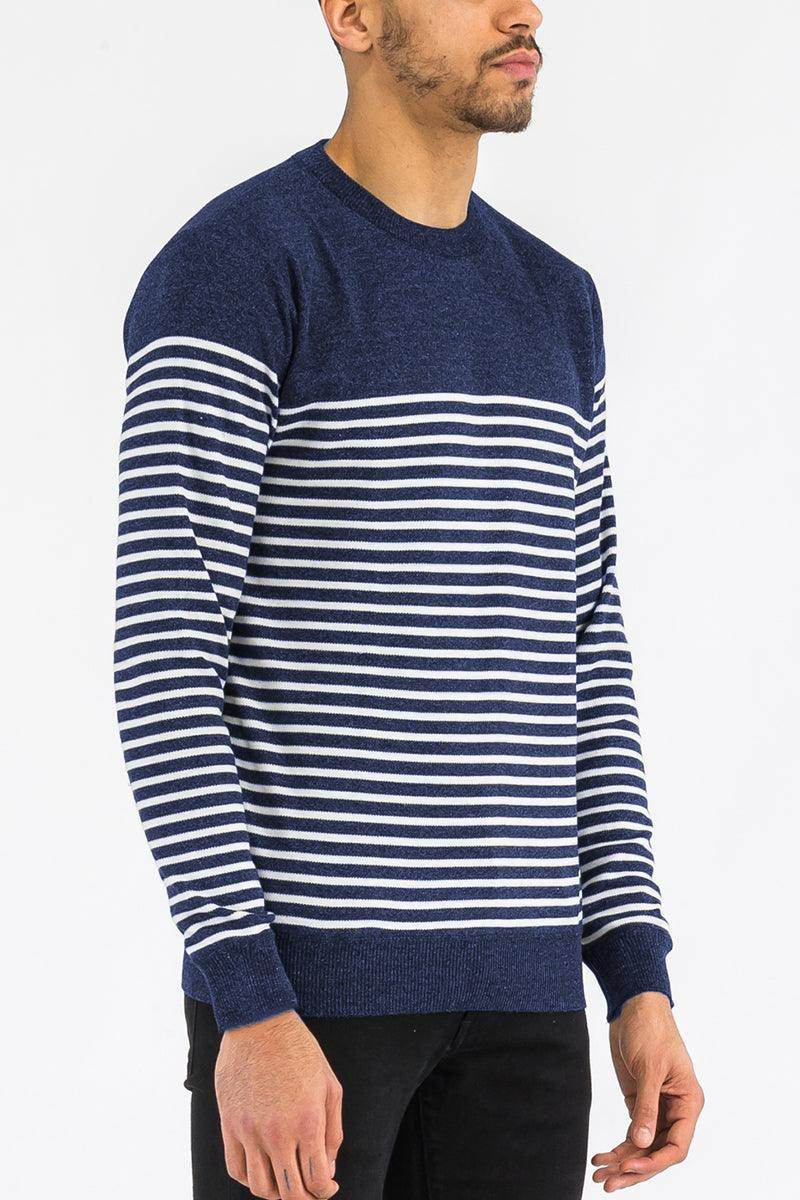 Navy and white striped knit pullover for men by VacationGrabs, perfect for casual wear
