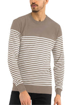 Stylish knit sweater for men vacation in brown and white stripes, perfect for a casual getaway