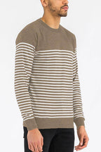 Brown and white striped knit sweater for men vacation by VacationGrabs, perfect for stylish layering