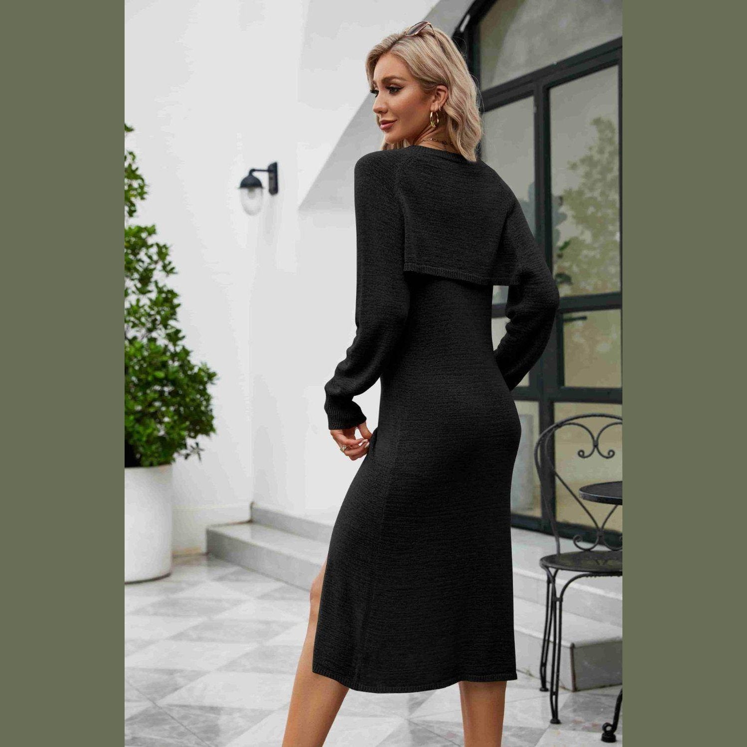 Trendsi Women's Knit Tank Dress Set in Black with Long Sleeves and Side Slit for Stylish Comfort