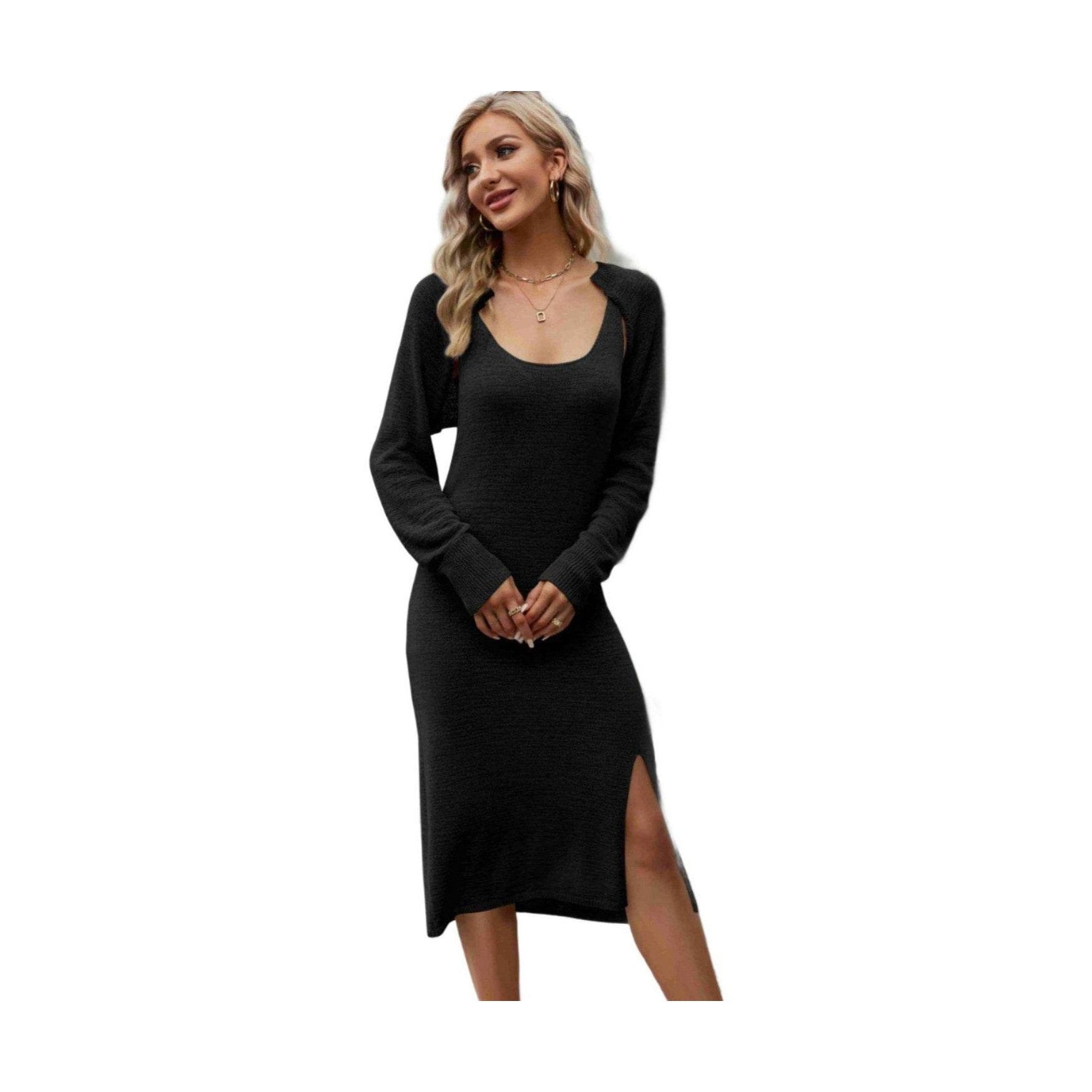 Trendsi women's knit tank dress set in dark gray with a side slit and long sleeves