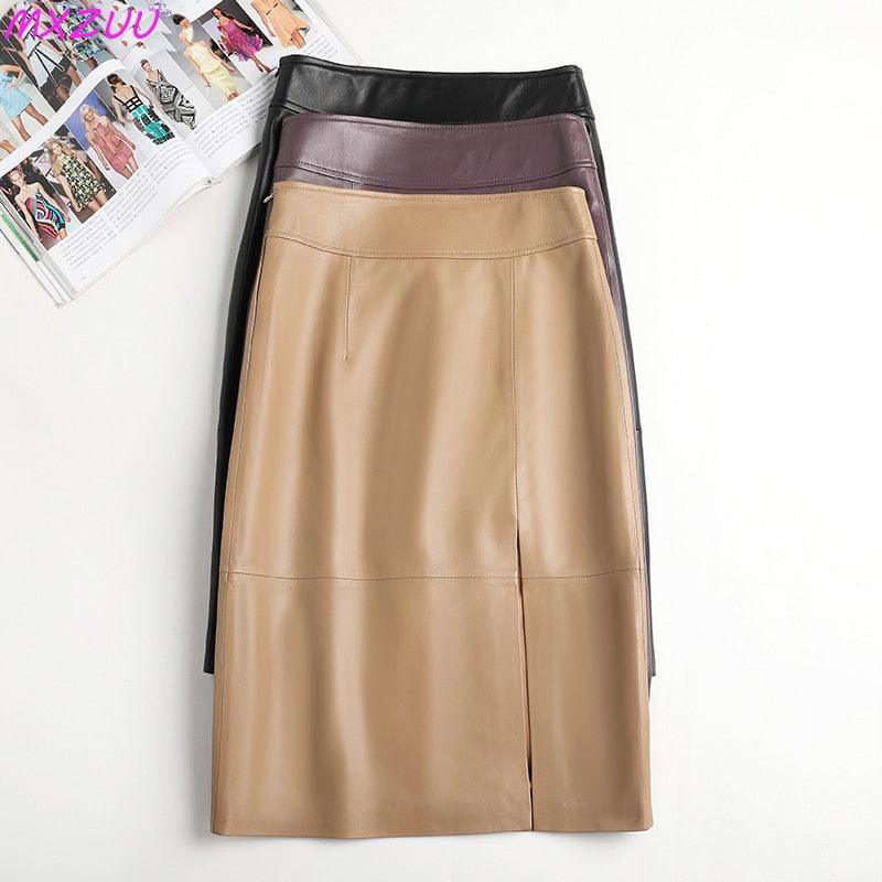 Women's Skirts Korean Fashion Women’s Genuine Leather Midi Soft Skirt