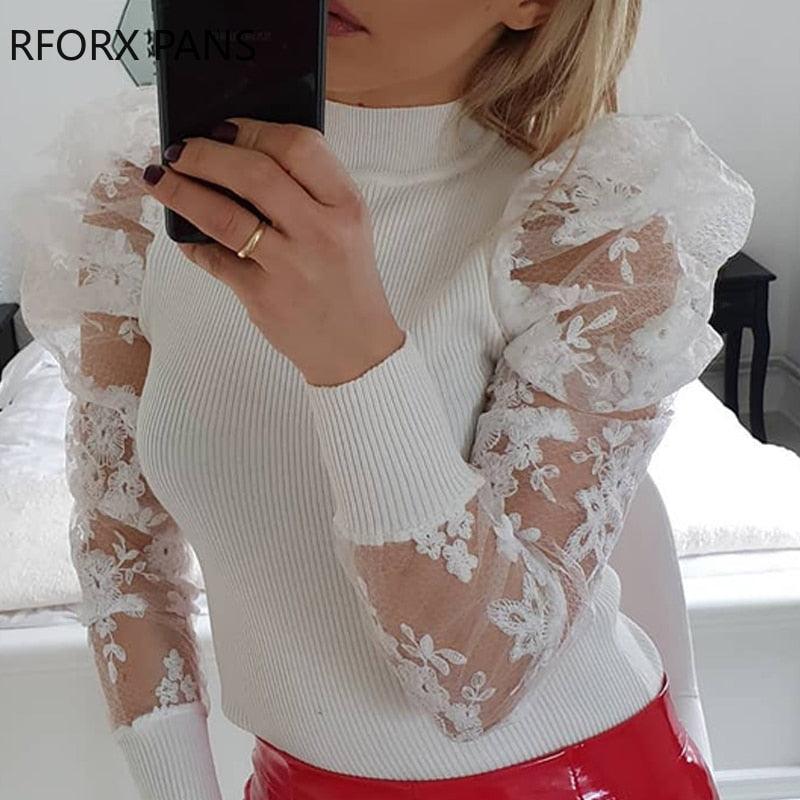 Women's Shirts Lace Puff Sleeve Knit Top Womens Tops And Blouses