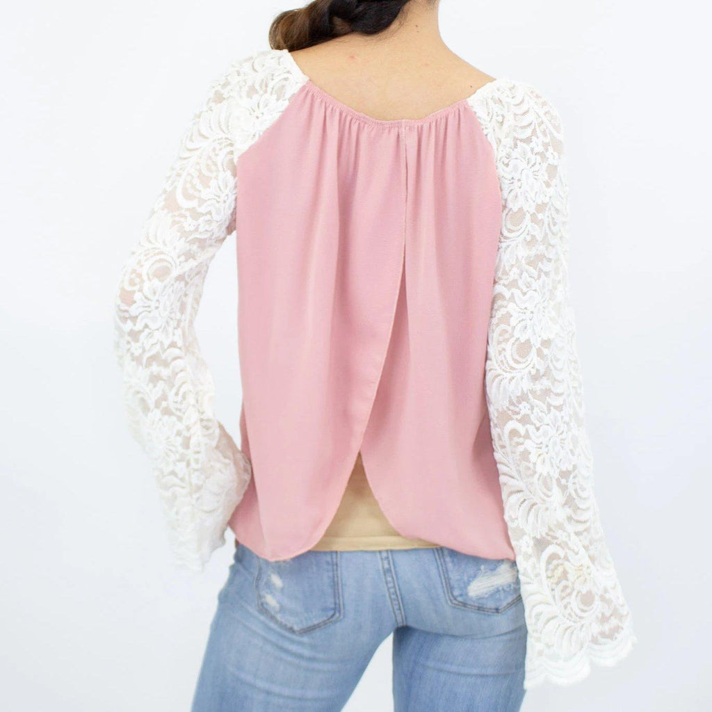 Women's Shirts Lace Sleeve Backless Top - Rose